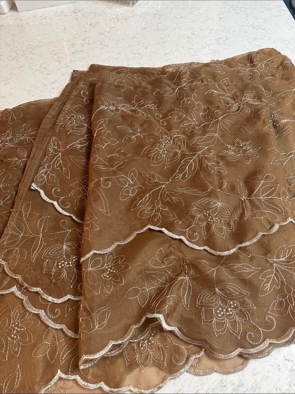 Embroidered Scallop Hem Brown Sheer Overlay Valence pair